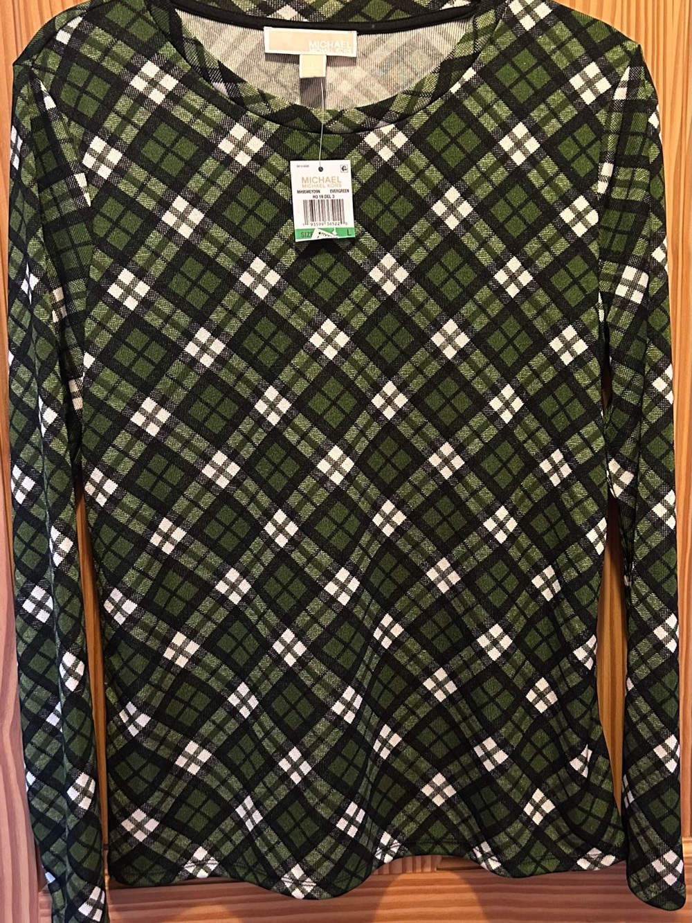 Michael Kors Ladies Green and Black Plaid Long-Sleeve Top Evergreen NWT